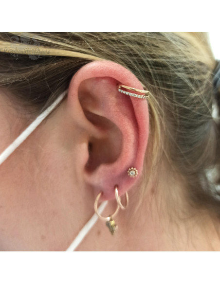 Anneau double segmenté pvd or rose orné de cristaux swarovski, ouverture facile