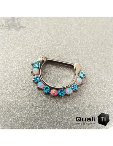 Clicker 'Bubblegum pop' segmenté en titane QualiTi, opales synthétiques et zircons cubiques, ouverture facile