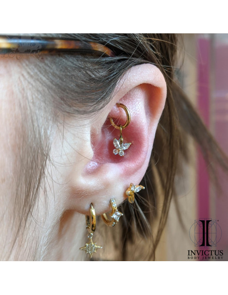 Papillon Invictus en titane pvd or 24 carats et zircons  - threadless