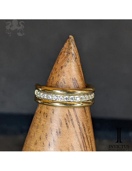 Anneau triple,segmenté en titane pvd or 24 carats Invictus et ses zircons, ouverture facile