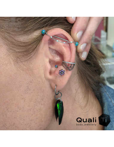 Anneau segmenté en titane QualiTi , zircons blanc et chainettes, ouverture facile