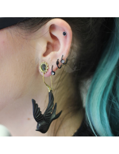 Paire de boucles d'oreilles en bronze & hirondelle en bois