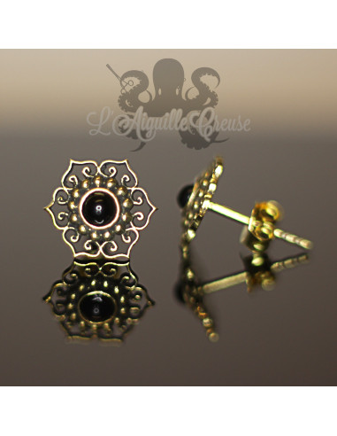 Paire de boucles d'oreilles Fleur en bronze & Onyx