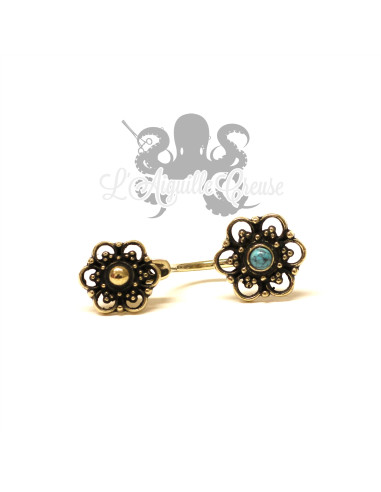 Paire de boucles d'oreilles Double Fleurs en bronze & pierre fine