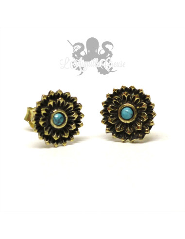 Paire de boucles d'oreilles Fleur en bronze & pierre fine