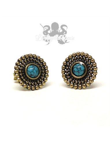 Paire de boucles d'oreilles Fleur en bronze & pierre fine