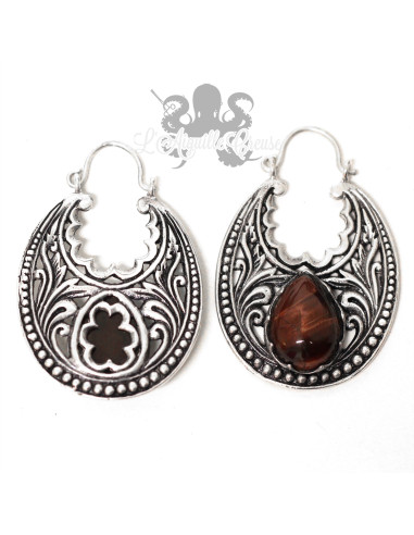 Paire de boucles d'oreilles plaqué Argent 925 & Oeil de tigre rouge