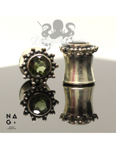 Paire de plugs en Argent 925 et Moldavite  - NAGABodyJewelry