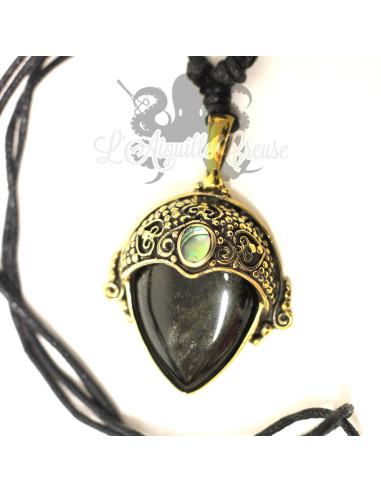 Collier en bronze, Obsidienne dorée & abalone