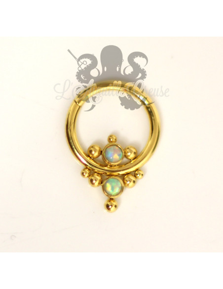 Anneau segmenté en titane pvd or Devil Heart et opales synthétiques, ouverture facile