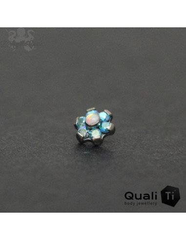 Fleur QualiTi en titane, opale synthétique & zircons -version 2 - 5 mm pour 1 ou 1.2 mm