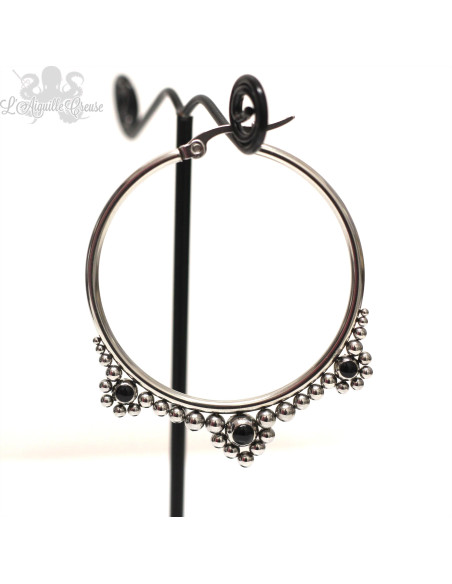 Paire de créoles éthniques en acier chirurgical 316L et onyx