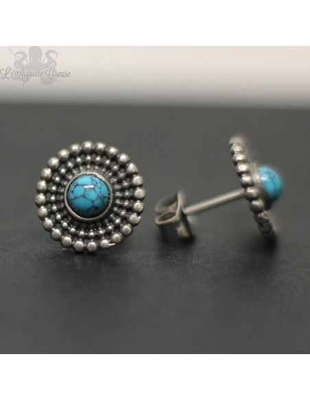 Paire de boucles d'oreilles Fleur en bronze blanc & pierre fine