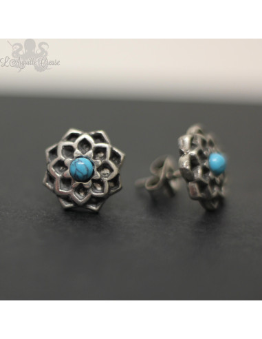 Paire de boucles d'oreilles Fleur en bronze blanc & opale synthétique