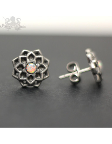 Paire de boucles d'oreilles Fleur en bronze blanc & opale synthétique