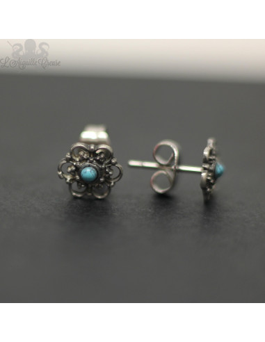 Paire de boucles d'oreilles Fleur en bronze blanc & turquoise