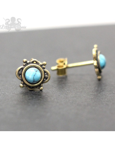 Paire de boucles d'oreilles Fleur en bronze & Turquoise