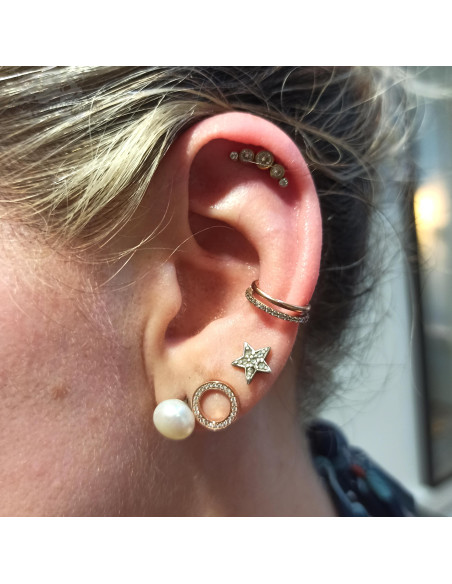 Anneau double segmenté pvd or rose orné de cristaux swarovski, ouverture facile